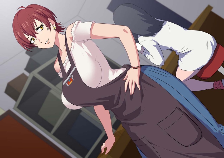 2girls apron black_hair breasts collarbone commentary_request dutch_angle earrings gridman_universe hand_on_own_hip jewelry kisuu large_breasts long_hair mature_female mother_and_daughter multiple_girls red_hair short_hair sitting ssss.gridman standing takarada_orie takarada_rikka yellow_eyes