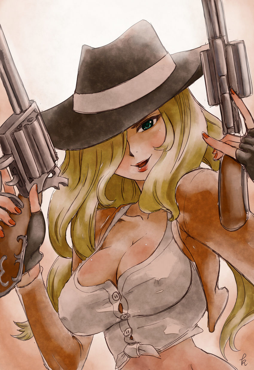 absurdres alternate_costume aqua_eyes blonde_hair breasts catnap_knight_kureto cleavage commentary_request cowboy_hat cowgirl_miss_fortune crop_top female fingerless_gloves gloves gun hair_over_one_eye handgun hat highres large_breasts league_of_legends lipstick long_hair looking_at_viewer makeup midriff miss_fortune_(league_of_legends) nail_polish open_mouth revolver solo weapon