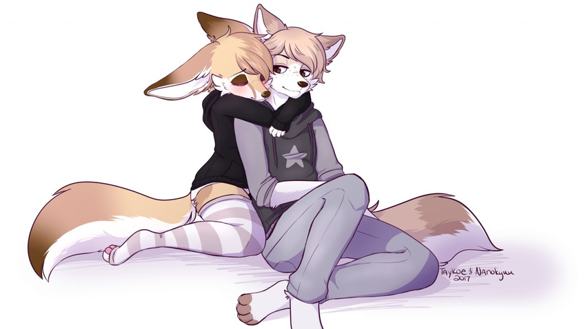 16:9 ambiguous_gender anthro blush canid canine clothed clothing collaboration duo fennec_fox fox fur hair hug male male/ambiguous mammal nanokyuu sitting smile taykoe true_fox widescreen