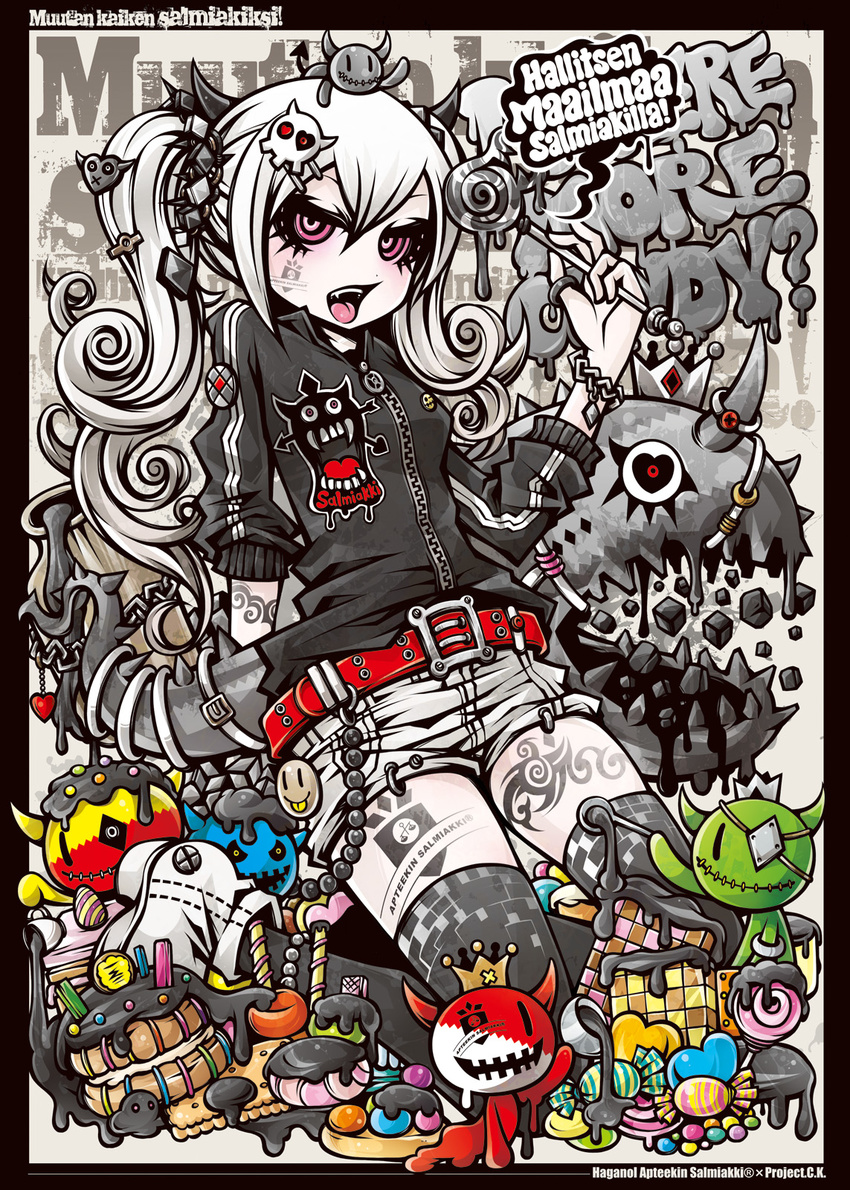 apteekin_salmiakki belt black_border border bracelet candy chains commentary_request facial_tattoo female finnish_text food hair_ornament highres jacket jewelry lollipop long_hair oerba_yun_fang original personification photoshop_(medium) project.c.k. red_eyes salmiakki shorts solo tattoo thighhighs track_jacket translated tribal_tattoo twintails white_hair