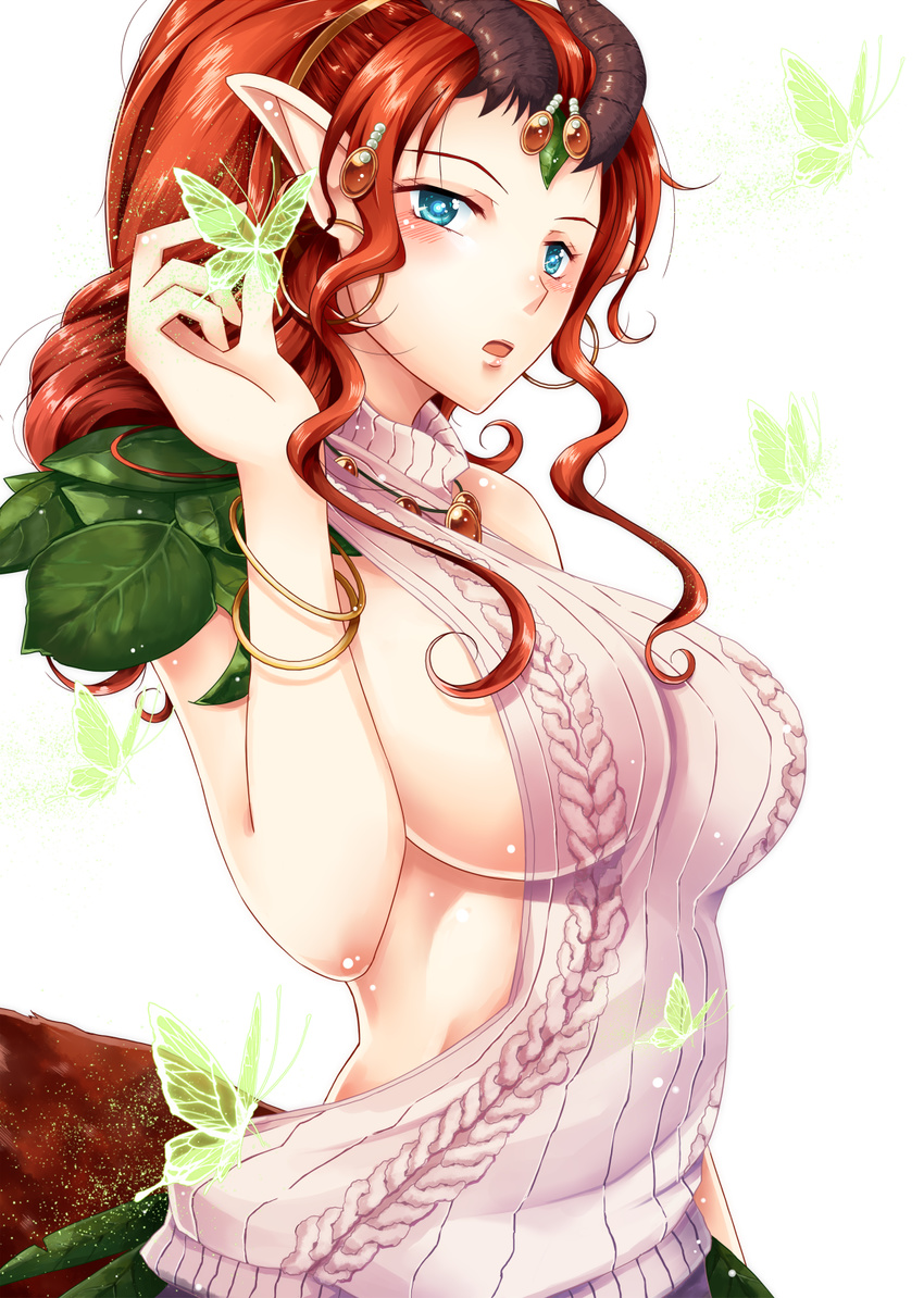 bare_back blue_eyes blush bracelet breasts bug butterfly centauroid commentary_request dota_(series) dota_2 enchantress_(dota) female fennek highres horns jewelry medium_breasts meme_attire pink_sweater pointy_ears red_hair short_hair sideboob simple_background solo sweater tail taur turtleneck turtleneck_sweater virgin_killer_sweater white_background