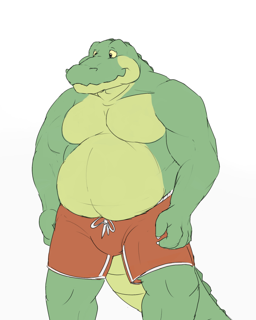 4:5 alligator alligatorid anthro belly clothing crocodilian gator_(artist) hi_res male musclegut muscular muscular_anthro muscular_male overweight overweight_anthro overweight_male reptile scalie slightly_chubby solo swimming_trunks swimwear