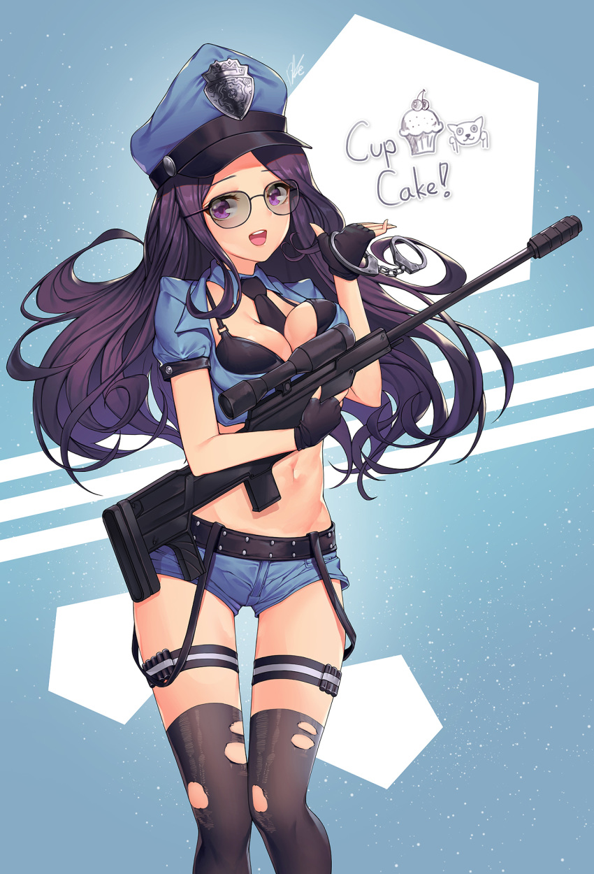 :d bad_id bad_pixiv_id belt between_breasts black-framed_eyewear black_bra black_gloves black_necktie black_thighhighs bra breast_hold breasts caitlyn_(league_of_legends) cleavage commentary crop_top cuffs cupcake dduck_kong denim denim_shorts english_text female fingerless_gloves food gloves groin gun handcuffs hat highres holding holding_gun holding_weapon league_of_legends long_hair medium_breasts midriff navel necktie officer_caitlyn open_mouth peaked_cap photoshop_(medium) police police_badge police_hat police_uniform policewoman purple_eyes purple_hair rifle scope shirt short_shorts short_sleeves shorts signature smile sniper_rifle solo standing stomach sunglasses teeth thigh_gap thigh_strap thighhighs torn_clothes torn_thighhighs underwear uniform weapon wing_collar