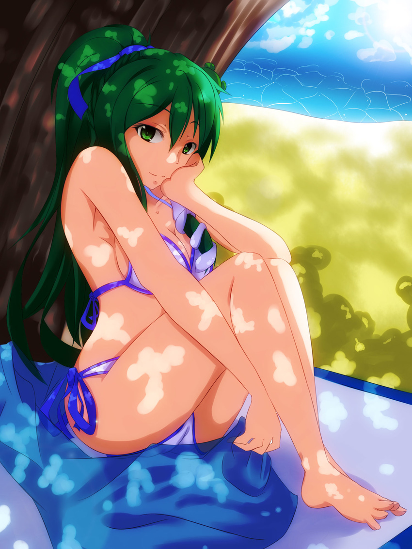 alternate_hairstyle bad_id bad_pixiv_id beach bikini breasts commentary_request dappled_sunlight day female frog_hair_ornament green_eyes green_hair hair_ornament highres kamitsuki_shion kochiya_sanae long_hair medium_breasts outdoors ponytail sand shade sitting skirt smile solo sunlight swimsuit touhou towel tree water