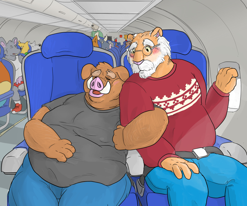 6:5 aircraft airplane anthro beard belly big_belly blush bovid bovine clothed clothing duo_focus eyewear facial_hair felid gator_(artist) glasses group hand_on_belly hi_res inside_airplane male mammal mature_anthro mature_male moobs old overweight overweight_male pantherine shirt sleeping slightly_chubby suid suina sus_(pig) tiger topwear tusks vehicle wild_boar