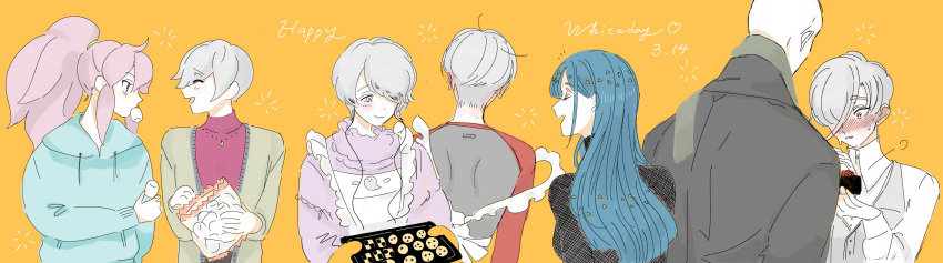 1boy 6+others absurdres androgynous antarcticite apron bald blue_hair blush cairngorm_(houseki_no_kuni) cardigan casual closed_eyes commentary_request contemporary cookie enmi0co food ghost_quartz_(houseki_no_kuni) goshenite_(houseki_no_kuni) grey_eyes grey_hair hair_over_one_eye highres hood hoodie houseki_no_kuni kongou_sensei lapis_lazuli_(houseki_no_kuni) long_hair marshmallow morganite_(houseki_no_kuni) multiple_others orange_background pink_eyes pink_hair ponytail protected_link scarf short_hair smile white_eyes white_hair yellow_background