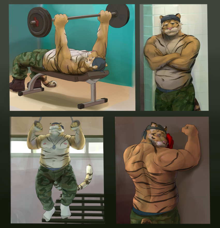 anthro clothed clothing exercise felid footwear gator_(artist) gym hi_res legwear male mammal mature_anthro mature_male muscular muscular_anthro muscular_male nipples pantherine pecs socks solo tiger topless weightlifting workout