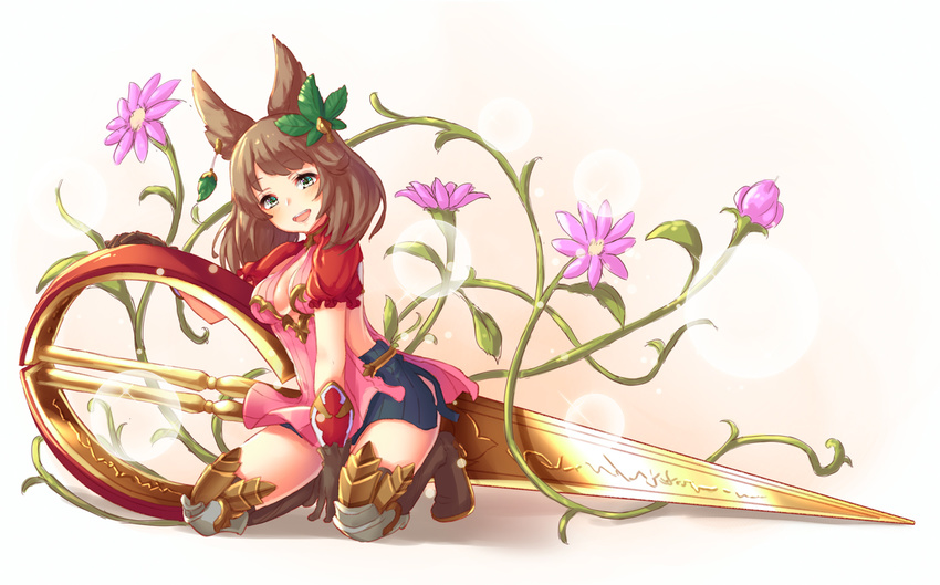 animal_ears boots breasts brown_hair cleavage cleavage_cutout clothing_cutout commentary_request erune female flower granblue_fantasy hair_ornament la_coiffe_(granblue_fantasy) leaf_hair_ornament medium_breasts pensuke scissors sideless_outfit smile solo thigh_boots thighhighs