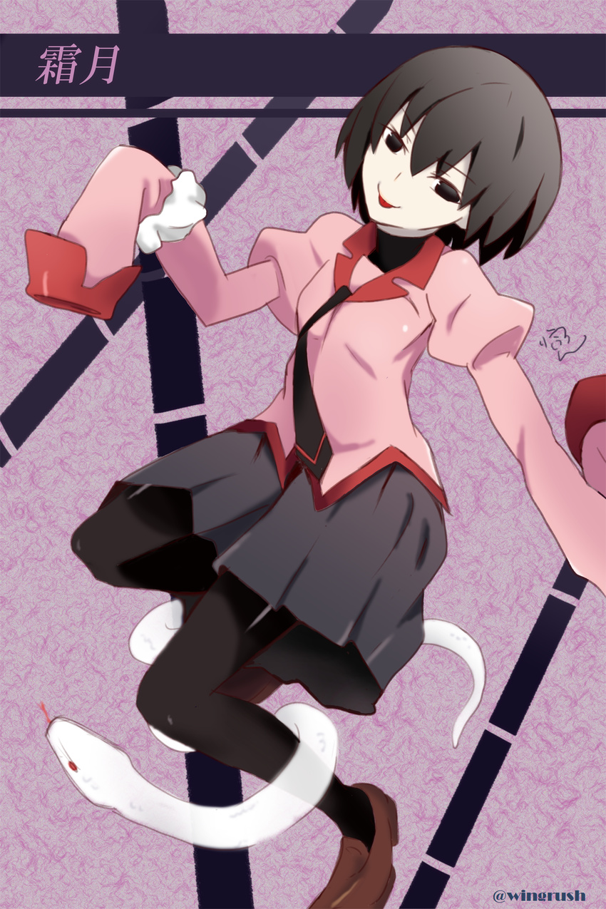 black_eyes black_hair black_pantyhose commentary empty_eyes female fooring highres kuchinawa monogatari_(series) naoetsu_high_school_uniform oshino_ougi owarimonogatari pantyhose pink_shirt school_uniform shirt short_hair sleeves_past_fingers sleeves_past_wrists snake solo tongue tongue_out translated