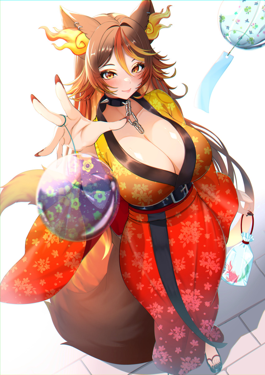 absurdres animal_ears black_collar black_footwear black_nails blonde_hair breasts brown_hair chains cleavage closed_mouth collar earrings floral_print_kimono gradient_clothes gradient_kimono hair_between_eyes highres indie_virtual_youtuber japanese_clothes jewelry kangaruu_(momotk1109) kimono kinchaku large_breasts nail_polish orange_eyes orange_kimono pouch red_kimono sinder_(vtuber) spiked_collar spikes tail toenail_polish toenails virtual_youtuber wolf_ears wolf_girl wolf_tail