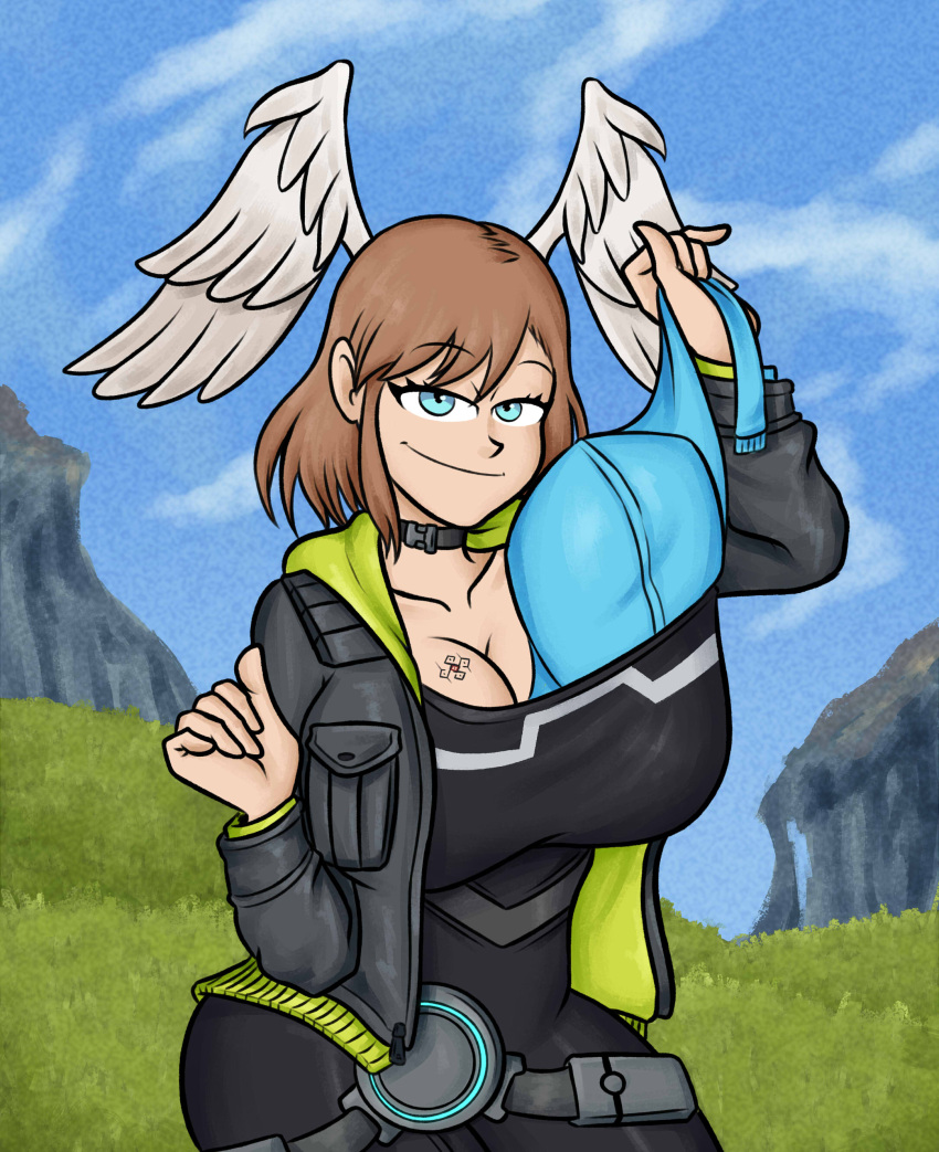 big_breasts bra bra_lift bra_removed breasts eunie_(xenoblade) looking_at_another nintendo outdoors sitting smile sweater tattoo tattoo_on_chest thick winged_humanoid wings wings_on_head xenoblade_(series) xenoblade_chronicles_(series) xenoblade_chronicles_3 yellowsalamander