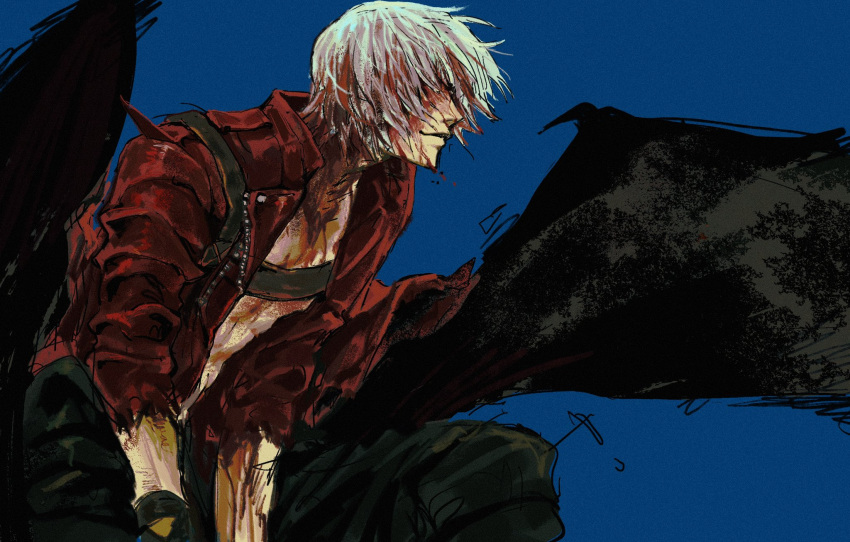 1boy black_pants black_wings blood blood_in_hair blood_on_arm blood_on_face blue_background chest_strap closed_mouth dante_(devil_may_cry) devil_may_cry_(series) devil_may_cry_3 hair_over_eyes highres ilostmyshadow jacket leaning_forward male_focus pants red_jacket short_hair smile solo torn_clothes torn_sleeves white_hair wings