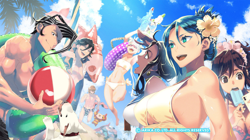 arika artist_request ball beach beachball blair_dame braid canine character_request cloud dark-skinned_female dark_skin earrings fighting_ex_layer flower food glasses hair_flower hair_ornament highres holding holding_food holding_popsicle jewelry long_hair multiple_boys multiple_girls nanase_(arika) navel official_art official_wallpaper open_mouth popsicle pullum_purna sand smile suitcase swimsuit technictix twin_braids x_hair_ornament