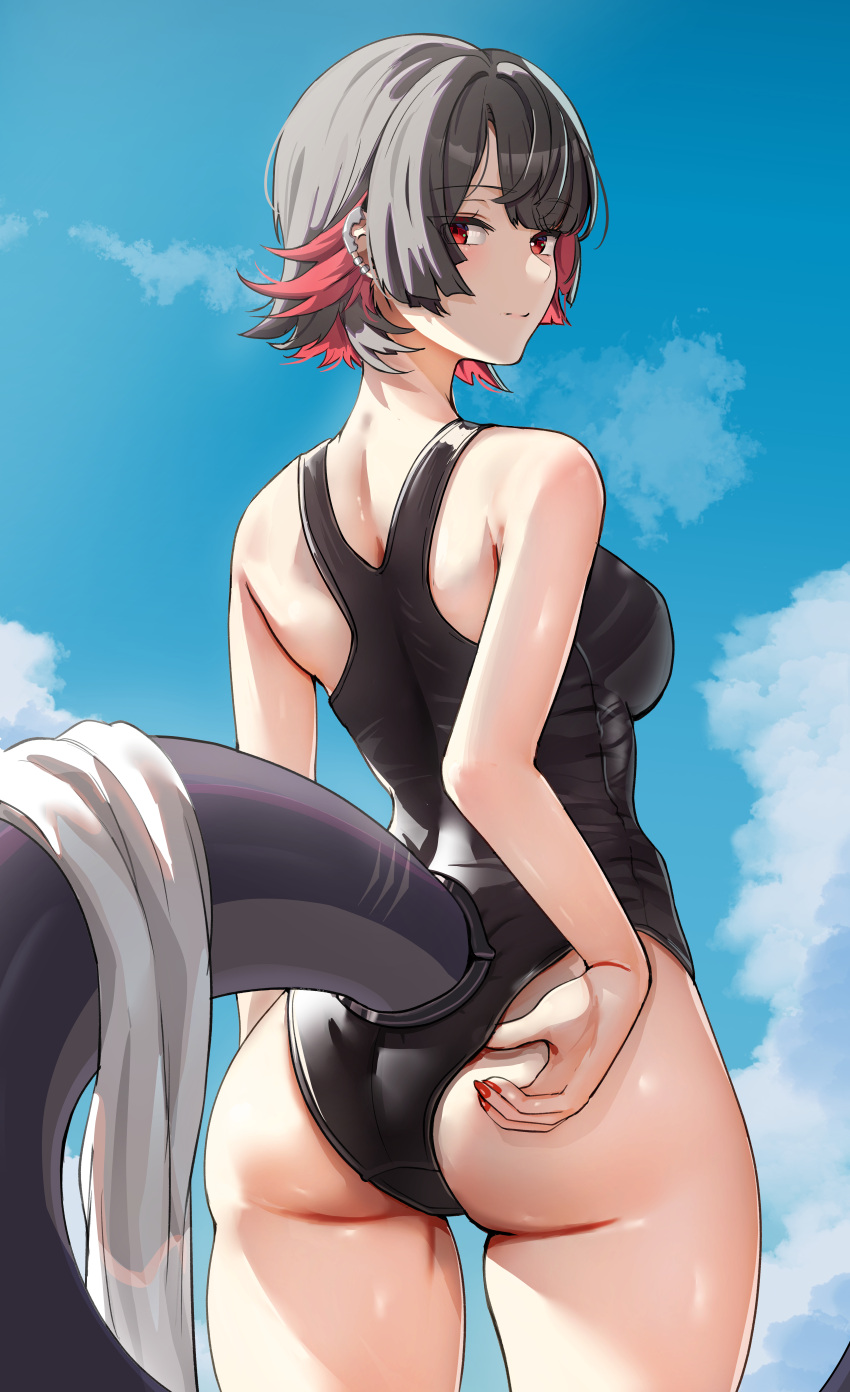 absurdres ass bare_shoulders black_hair black_one-piece_swimsuit blue_sky breasts cloud colored_inner_hair commentary cowboy_shot day ellen_joe female fins fish_tail highres looking_at_viewer medium_breasts multicolored_hair one-piece_swimsuit red_eyes red_hair shark_tail sky solo standing swimsuit tail thighs yami_anko zenless_zone_zero