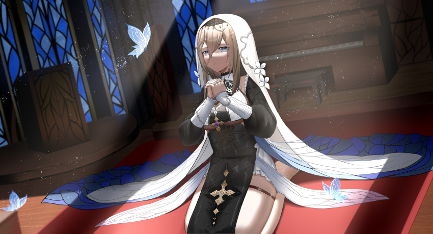 absurdres aponia_(honkai_impact) black_dress blonde_hair blue_butterfly blue_eyes breast_curtains breasts bug butterfly church dress female hair_between_eyes highres honkai_(series) honkai_impact_3rd indoors instrument kneeling large_breasts long_sleeves medium_hair own_hands_together pelvic_curtain piano praying puffy_long_sleeves puffy_sleeves skym_(kumei) solo thigh_strap thighs underboob white_veil wooden_floor