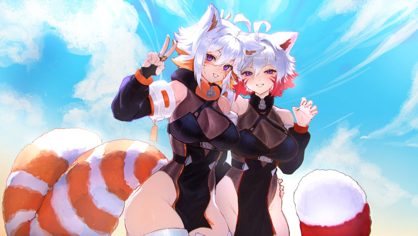 2girls ahoge animal_ears bare_shoulders black_dress black_sleeves breasts bridal_gauntlets character_request check_character claw_pose commentary commission criss-cross_halter demenishki detached_sleeves dress english_commentary facial_mark fox_tail grin hair_between_eyes halterneck hand_on_another's_waist highres indie_virtual_youtuber jewelry kowai_(iamkowai) large_breasts leotard leotard_under_clothes long_sleeves looking_at_viewer multicolored_hair multiple_girls orange_hair pelvic_curtain purple_eyes red_hair red_panda_ears red_panda_girl red_panda_tail ring see-through see-through_leotard sky smile tail teeth thighhighs two-tone_hair virtual_youtuber whisker_markings white_hair