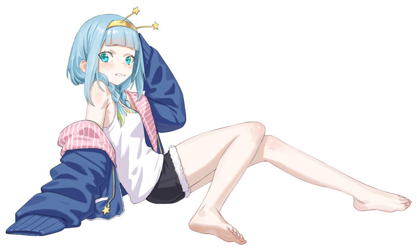 agemmata aqua_eyes aqua_hair armpit_crease bare_legs barefoot black_shorts blue_jacket blunt_bangs blush braid breasts feet female full_body fur_trim hair_over_shoulder hairband highres jacket jelly_hoshiumi jelly_hoshiumi_(2nd_costume) knees_together_feet_apart legs long_hair looking_at_viewer off_shoulder on_ground open_clothes open_jacket phase_connect shadow short_shorts shorts sidelocks simple_background sleeves_past_fingers sleeves_past_wrists small_breasts soles solo tank_top toenails toes transparent_background twin_braids virtual_youtuber white_tank_top yellow_hairband