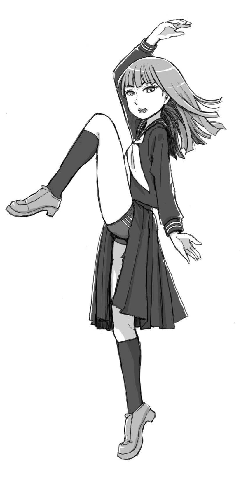 arm_up bike_shorts eyelashes female from_side full_body greyscale highres leg_up loafers long_hair long_sleeves monochrome naotan neckerchief open_mouth original pleated_skirt shoes simple_background skirt socks solo standing standing_on_one_leg teeth tiptoes white_background