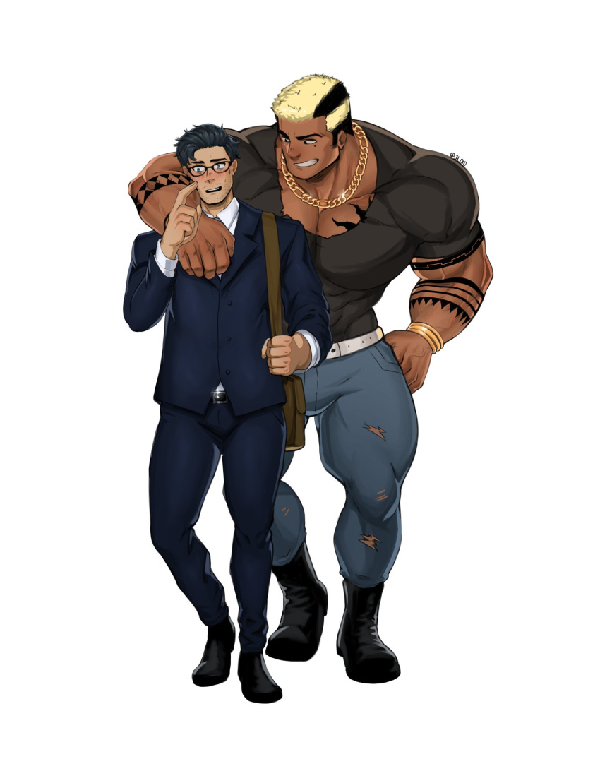 2boys arm_tattoo artist_name bag bara belt black_hair blonde_hair blue_eyes blush boots bracelet bulge chest_tattoo collar collared_shirt couple dark_skin denim glasses gold_necklace hideki_(maximus9873) hidekiryouji highres implied_yaoi jeans jewelry large_pectorals male_focus manly mature_male multicolored_hair multiple_boys muscular muscular_male necklace nose_blush original pants pectorals robokeh shirt shoes short_hair signature simple_background size_difference smirk suit tattoo thick_arms thick_eyebrows thick_thighs thighs tight_clothes veins white_background