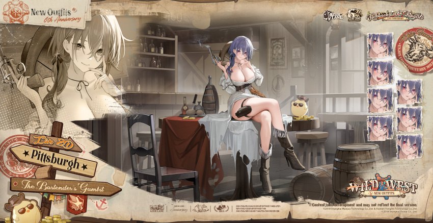 :d azur_lane bare_shoulders barrel blush breasts brown_footwear chair cleavage closed_mouth cowboy_hat crossed_bangs dress eagle_union_(emblem) expressionless gun hat high_heels highres holding holding_gun holding_weapon holster huge_breasts licking_lips manjuu_(azur_lane) medium_hair official_alternate_costume official_art pittsburgh_(azur_lane) pittsburgh_(the_bartender's_gambit)_(azur_lane) promotional_art purple_hair red_eyes revolver seductive_smile sitting smile sweatdrop table thigh_holster tongue tongue_out weapon white_dress