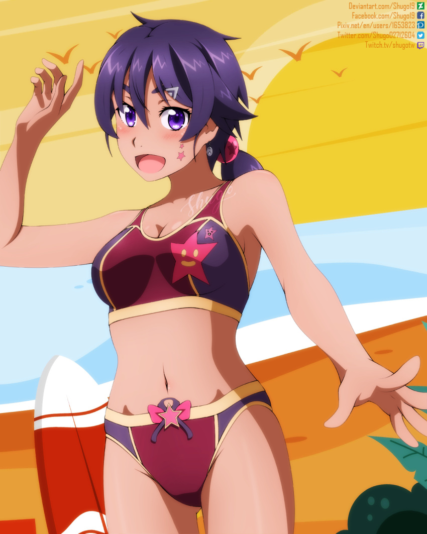 beach bikini bikini_briefs bird blush female highres looking_at_viewer male_swimwear male_underwear navel original purple_eyes purple_hair sand shugo19 smile solo star_on_cheek surfboard swim_briefs swimsuit thighs underwear water