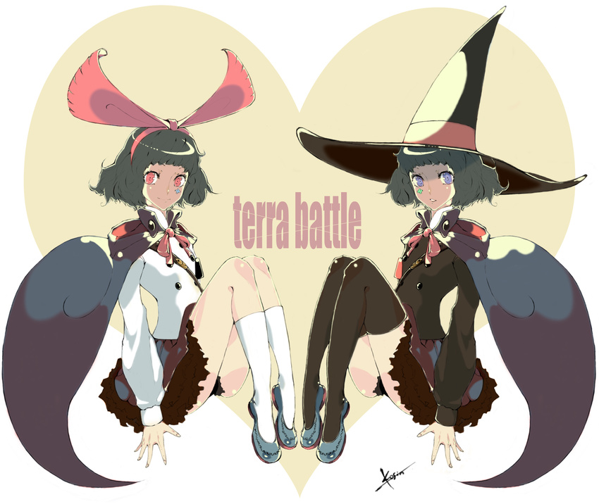 2girls bad_id bad_pixiv_id brown_hair cape copyright_name futianxingyi_(warholx) hair_ribbon hat heart highres multiple_girls purple_eyes red_eyes ribbon rikken_(terra_battle) siblings skirt symmetry terra_battle thighhighs twins witch_hat yukken_(terra_battle)