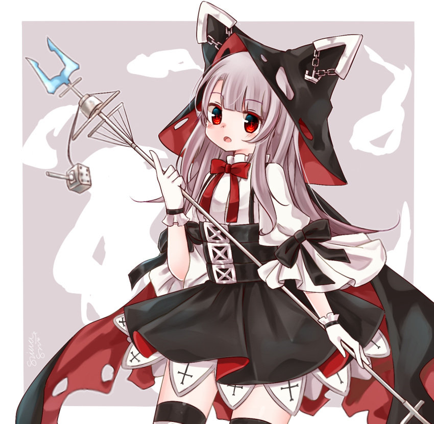 :o anchor azur_lane black_cape black_skirt blush bow bowtie cape chains commentary_request erebus_(azur_lane) female gloves grey_hair head_tilt high-waist_skirt highres holding hood hood_up hooded_cape index_finger_raised long_hair looking_at_viewer open_mouth red_bow red_bowtie red_eyes shimashiro_itsuki shirt short_sleeves skirt solo striped_clothes striped_thighhighs suspender_skirt suspenders thighhighs torn_clothes very_long_hair white_gloves white_shirt