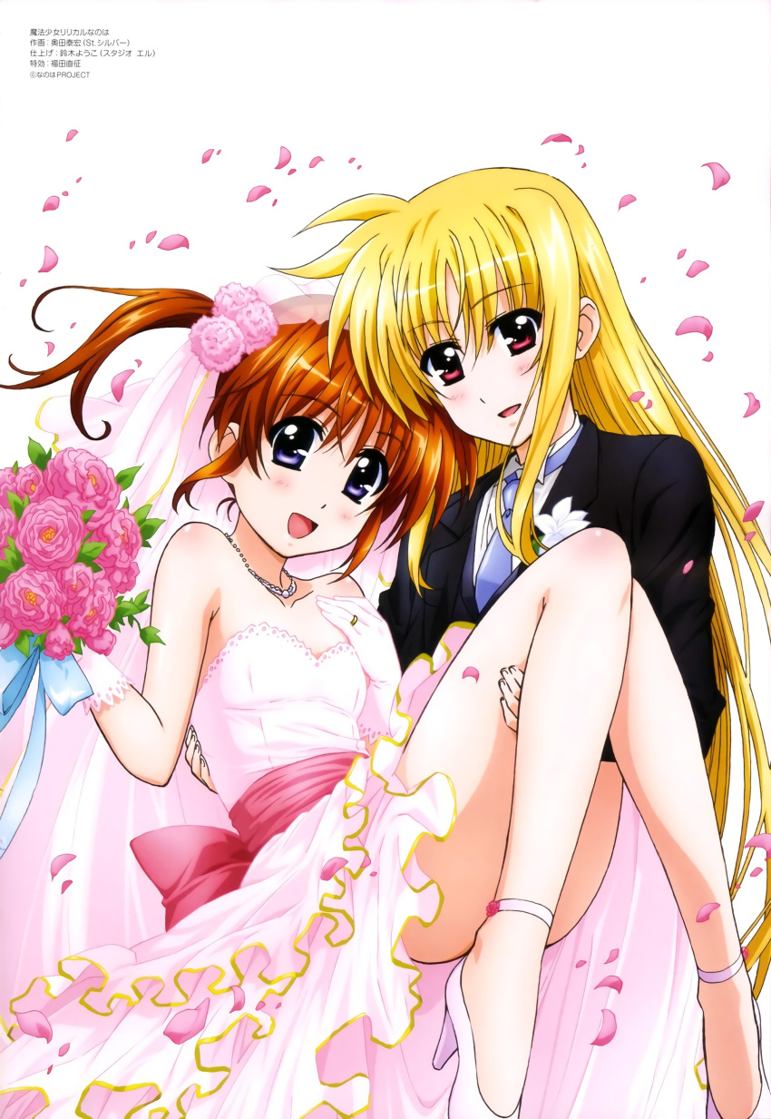 2girls blonde_hair blush couple fate_testarossa happy long_hair lyrical_nanoha mahou_shoujo_lyrical_nanoha mahou_shoujo_lyrical_nanoha_a’s multiple_girls official_art orane_hair princess_carry short_hair smile takamachi_nanoha tuxedo twintails wedding wedding_band wedding_dress wedding_ring yuri