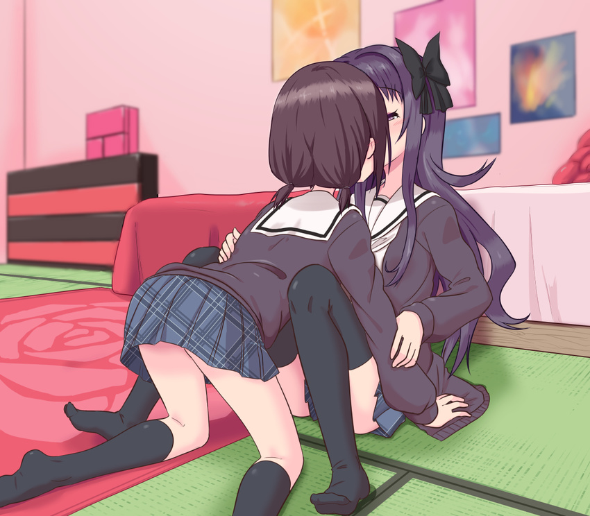 2girls arm_grab blush bow brown_hair cardigan hairbow hanayamata kissing kneehighs kneeling long_hair low_twintails multiple_girls plaid plaid_skirt purple_eyes purple_hair sasame_yaya school_uniform sekiya_naru serafuku short_hair skirt thighhighs twintails yuri