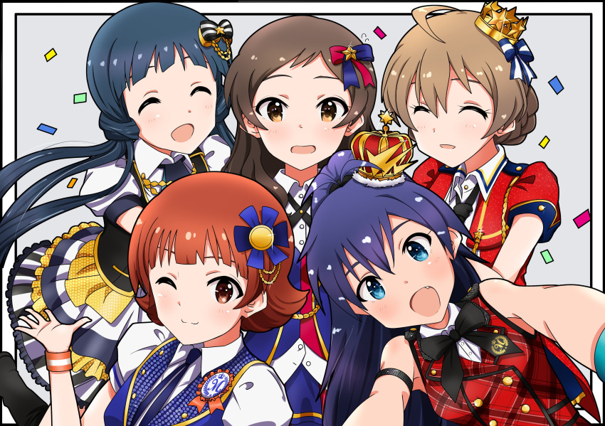 5girls absurdres antenna_hair bad_id bad_twitter_id black_hair blush bow braid breasts brown_eyes brown_hair closed_eyes commentary confetti crown ganaha_hibiki grateful_blue_(idolmaster) hairbow high_ponytail highres idolmaster idolmaster_million_live! idolmaster_million_live!_theater_days kitakami_reika kitazawa_shiho light_brown_hair long_hair looking_at_viewer medium_breasts multiple_girls nekoshi_(mkgoldenchild) nonohara_akane oerba_yun_fang one_eye_closed open_mouth prologue_rouge_(idolmaster) royal_starlet_(idolmaster) sakuramori_kaori shiny_trinity_(idolmaster) short_hair smile tied_hair