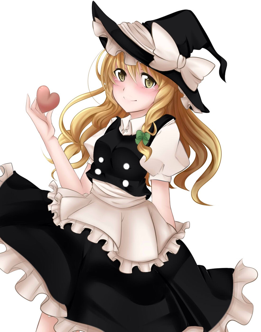 apron arm_behind_back bad_id bad_pixiv_id blonde_hair braid female frilled_skirt frills hair_ribbon hat hat_ribbon heart highres izanagi_k_(twilight_crow) kirisame_marisa long_hair looking_at_viewer puffy_short_sleeves puffy_sleeves ribbon short_sleeves simple_background single_braid skirt smile solo touhou tress_ribbon waist_apron white_background witch_hat yellow_eyes