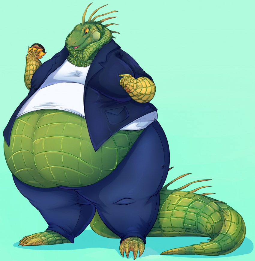 anthro barefoot belly belly_overhang big_belly biped burger claws clothed clothing dewlap_(anatomy) double_chin feet food fully_clothed green_iguana gular_flap head_spines hi_res holding_food holding_object iguana iguana_(genus) iguanid lizard love_handles male moobs obese obese_anthro obese_male open_mouth oreocakes overweight overweight_anthro overweight_male reptile scales scalie solo spines standing sub-tympanic_shield tail tail_spines thick_tail thick_thighs toe_claws tongue yellow_eyes