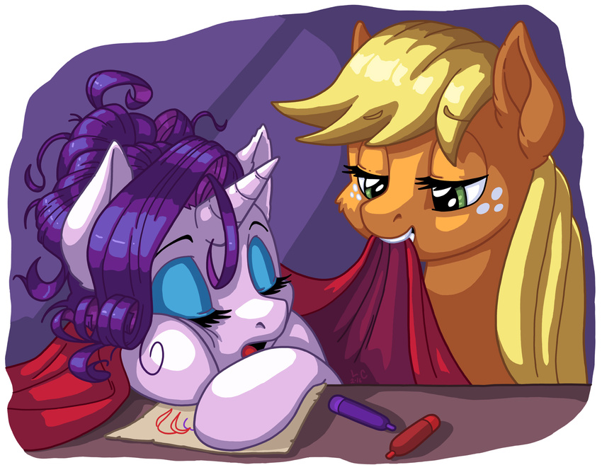 2016 applejack_(mlp) bedding blanket blonde_hair closed_eyes duo earth_pony equid equine female feral freckles friendship_is_magic green_eyes hair hasbro hi_res horn horse latecustomer mammal messy_hair my_little_pony mythological_creature mythological_equine mythology pony rarity_(mlp) sleeping unicorn