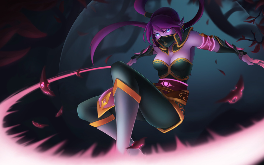 black_legwear blue_eyes colored_skin commentary_request covered_mouth dota_(series) dota_2 emi-tan female highres long_hair ponytail purple_skin solo templar_assassin_(dota)