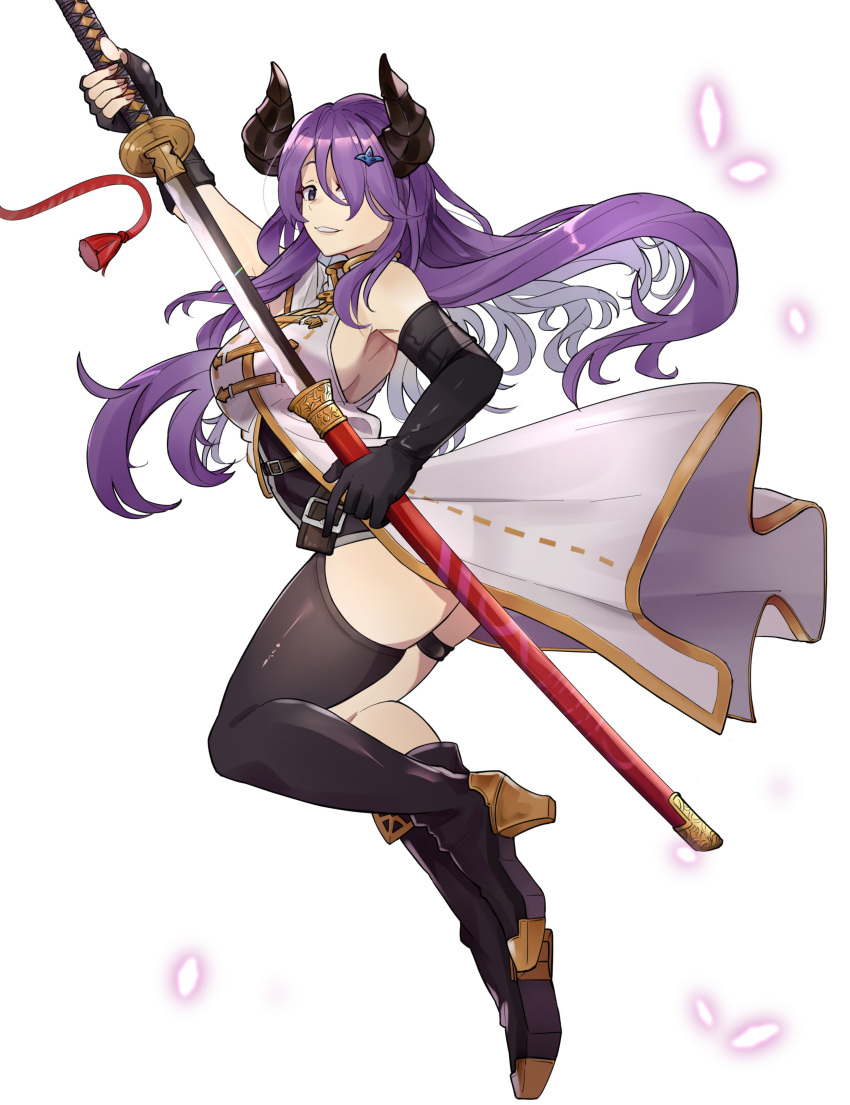 absurdres ass belt black_footwear black_gloves blush boots braid breasts camilla_(fire_emblem) commentary cosplay draph ebinku elbow_gloves english_commentary female fire_emblem fire_emblem_fates gloves granblue_fantasy hair_ornament hair_over_one_eye high_heel_boots high_heels highres horns large_breasts lips long_hair looking_at_viewer narmaya_(granblue_fantasy) narmaya_(granblue_fantasy)_(cosplay) purple_eyes purple_hair solo sword thigh_boots thighhighs trait_connection very_long_hair wavy_hair weapon