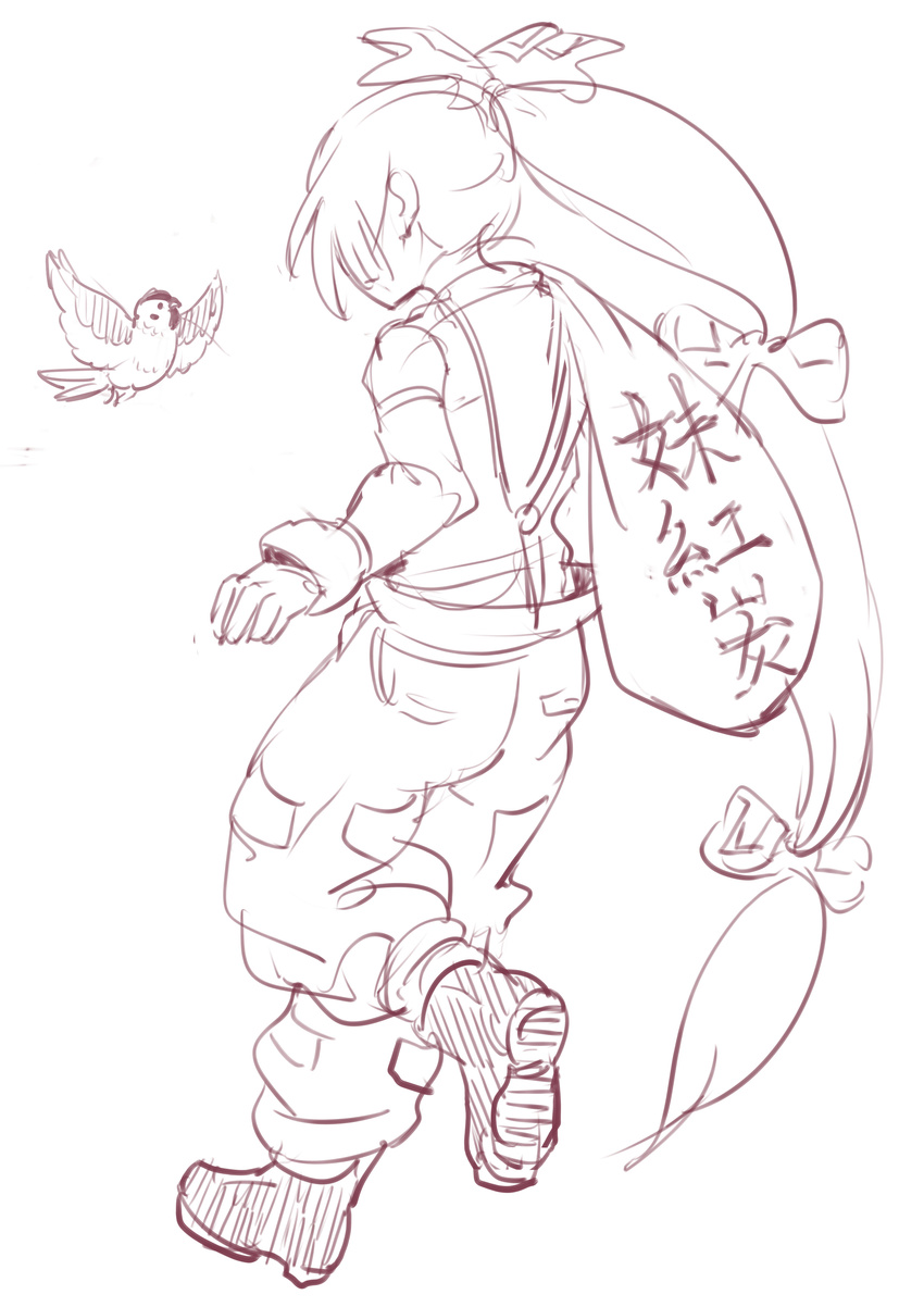 absurdres bad_id bad_pixiv_id bird carrying eurasian_tree_sparrow female from_behind fujiwara_no_mokou highres kurohane long_hair monochrome night_sparrow_love ponytail sack solo sparrow touhou walking