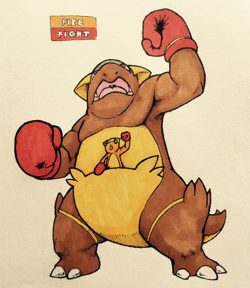 2017 3_toes alternate_color ambiguous_gender anthro baby baby_kangaskhan biceps biped black_eyes boxing_gloves boxing_gloves_only brown_body brown_fur brown_tail claws clothing countershade_tail countershade_torso countershading duo english_text fakemon fangs featureless_crotch feet firefightdex fist front_view frown full-length_portrait fur generation_1_pokemon handwear handwear_only hatching_(art) hi_res in_pouch kangaskhan leg_tuft lolicon looking_up mammal marco_fanjul marker_(artwork) marsupial mixed_media mostly_nude multicolored_body multicolored_fur muscular nintendo open_mouth orange_body parent_(lore) parent_and_child_(lore) pen_(artwork) pink_tongue pokemon pokemon_(species) portrait pouch_(anatomy) raised_arm red_eyes roaring shaded shadow simple_background size_difference standing tail teeth text toe_claws toes tongue toony traditional_media_(artwork) tuft two_tone_body two_tone_fur two_tone_tail uvula white_background white_claws yellow_body yellow_countershading yellow_fur yellow_tail young young_anthro