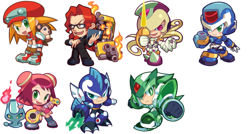 2girls 5boys aile_(mega_man_zx) android arm_cannon beam_saber blonde_hair blush blush_stickers cabbie_hat cape chibi commentary_request cropped_jacket data_(mega_man) elpizo_(mega_man) facial_hair formal full_body glasses gloves goatee green_eyes guitar hat heatman.exe helmet hood hood_up hoodie instrument kin_niku layered_sleeves long_hair long_sleeves lyra_(mega_man) mega_man:_powered_up mega_man_(classic) mega_man_(series) mega_man_9 mega_man_battle_network_(series) mega_man_legends_(series) mega_man_star_force mega_man_zero_(series) mega_man_zero_2 mega_man_zx model_x_(mega_man) monkey mr._match_(mega_man) multiple_boys multiple_girls music netnavi notebook ocean_man open_mouth over-1_(mega_man) parody photoshop_(medium) playing_games playing_instrument prototype_design purple_eyes purple_hair rapier red_cape red_hair red_hat rockman_xover roll_caskett_(mega_man) shoes short_over_long_sleeves short_sleeves shorts sidelocks simple_background smile sneakers sonia_strumm_(mega_man) spiked_hair style_parody suit sword weapon white_background white_gloves