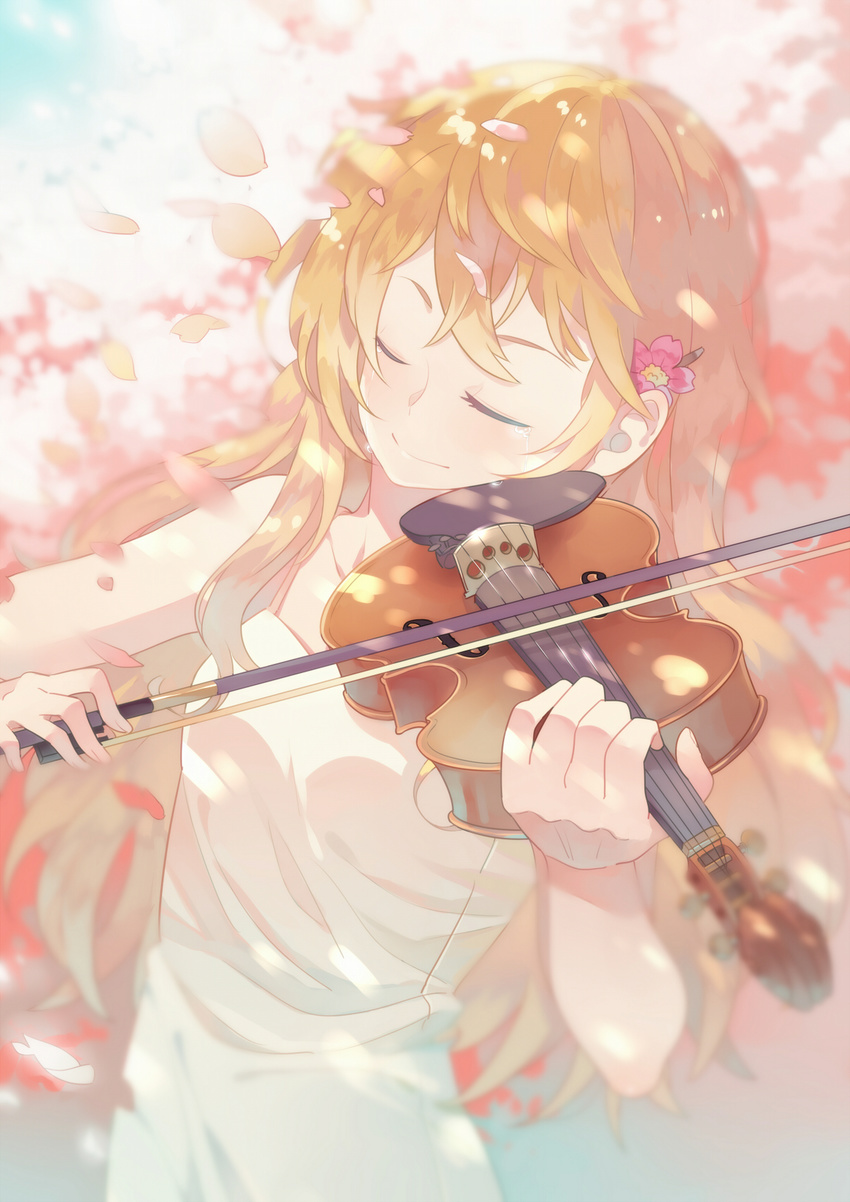 blonde_hair bow_(music) closed_eyes commentary_request dress female highres instrument long_hair luo. miyazono_kawori music petals playing_instrument shigatsu_wa_kimi_no_uso solo violin