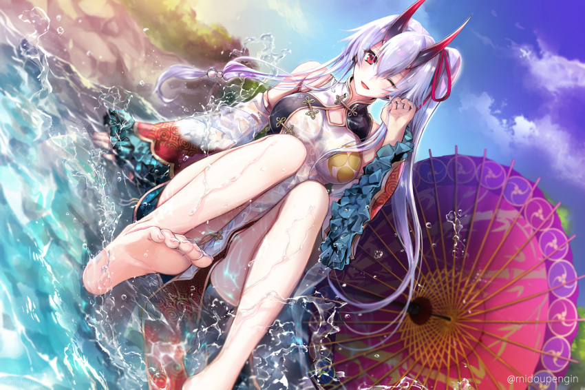 ;d bare_legs barefoot blue_sky blush breasts china_dress chinese_clothes cloud commentary_request day detached_sleeves dress fate/grand_order fate_(series) feet female frilled_sleeves frills grey_hair hair_between_eyes hair_ribbon hand_up highres horns knees_up large_breasts long_hair long_sleeves mintes oil-paper_umbrella one_eye_closed oni_horns open_mouth outdoors pink_ribbon red_eyes ribbon river side_ponytail sitting sky smile soles solo splashing sunlight toenails toes tomoe_gozen_(fate) tomoe_gozen_(traveling_outfit)_(fate) umbrella very_long_hair water wet white_dress wide_sleeves