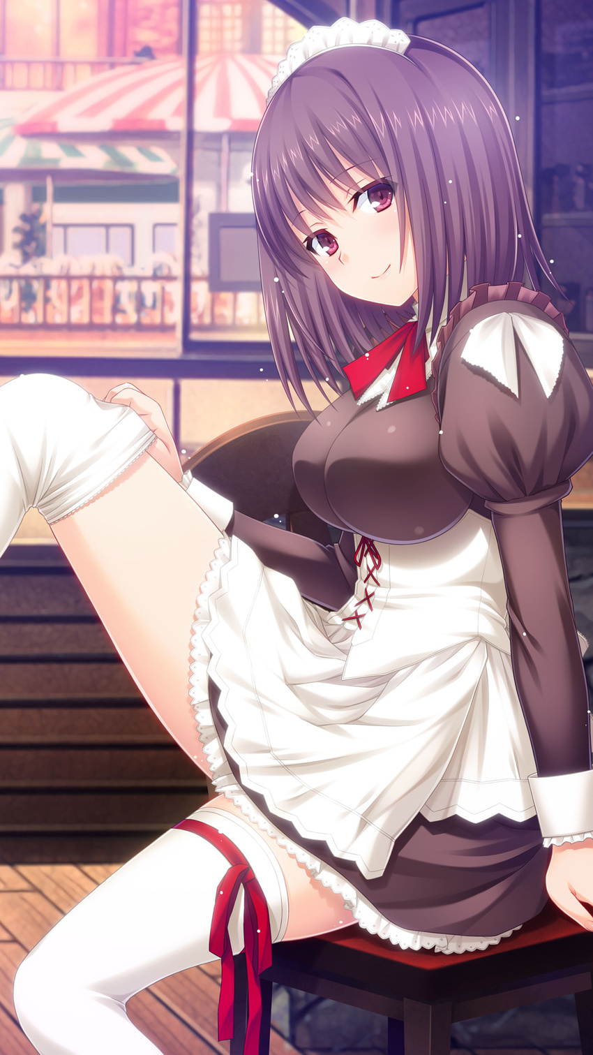 adjusting_clothes adjusting_legwear blurry breasts depth_of_field female highres juliet_sleeves knee_up large_breasts leg_ribbon long_sleeves looking_at_viewer maid maid_headdress natsumi_rikako nekonyan parfait_chocolat_second_brew puffy_sleeves purple_eyes purple_hair red_ribbon ribbon sitting smile solo thigh_ribbon thighhighs white_thighhighs window