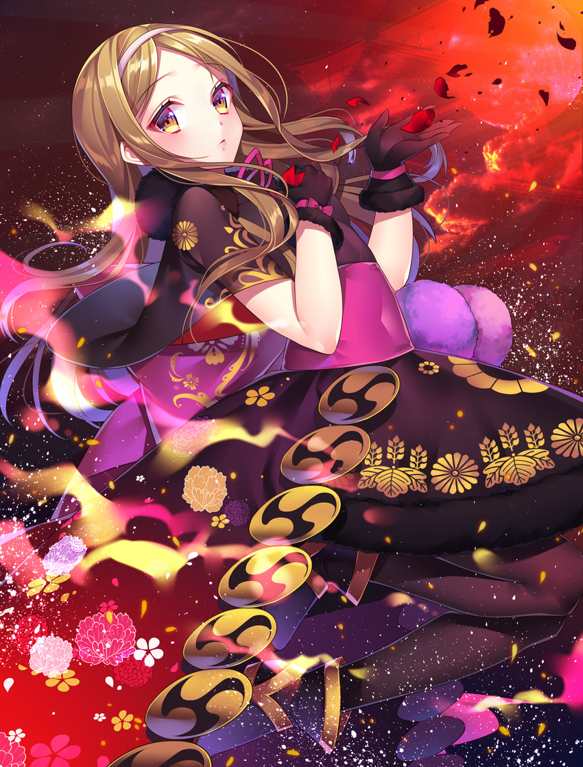 absurdres bad_id bad_pixiv_id black_gloves brown_eyes brown_hair capelet chacha_(fate) fate/grand_order fate_(series) female fire floral_print gloves hairband highres japanese_clothes kikumon kirimon_(paulownia) long_hair looking_at_viewer may_(2747513627) mitsudomoe_(shape) pantyhose peony_print petals solo tomoe_(symbol)