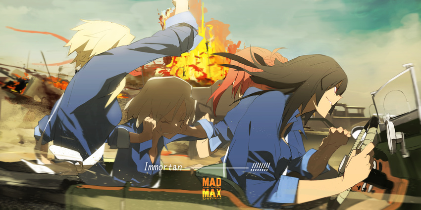 4girls battle bentley bentley_blower black_hair blonde_hair car commentary_request copyright_name covering_own_ears day english_text explosion from_side grey_hair hair_bun hime_cut hms_conqueror_(siirakannu) hms_monarch_(siirakannu) hms_orion_(siirakannu) hms_thunderer_(siirakannu) kantai_collection long_hair mad_max mad_max:_fury_road motor_vehicle multiple_girls original outdoors red_eyes red_hair revision short_hair siirakannu single_hair_bun uniform