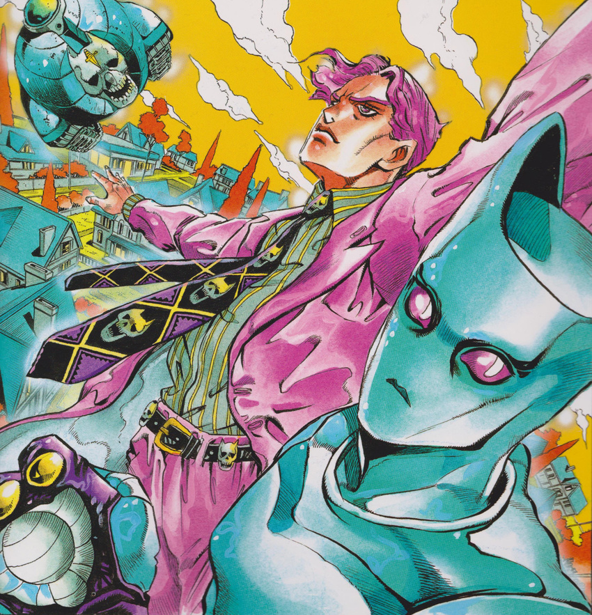 belt blue_body bone clothed clothing cloud detailed_background duo felid fully_clothed gloves hair handwear hi_res hirohiko_araki human humanoid jojo's_bizarre_adventure killer_queen male mammal meme necktie official_art outside painting_(artwork) pink_eyes pink_hair pupils sheer_heart_attack skull slit_pupils stand_(jjba) traditional_media_(artwork) watercolor_(artwork) yoshikage_kira