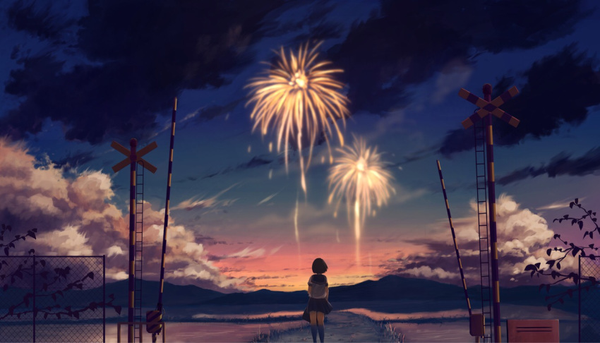 black_hair boom_barrier cloud commentary_request facing_away female fence fireworks hill kyarage_(soda) original outdoors railroad_crossing road scenery school_uniform serafuku short_hair skirt solo standing summer sunset