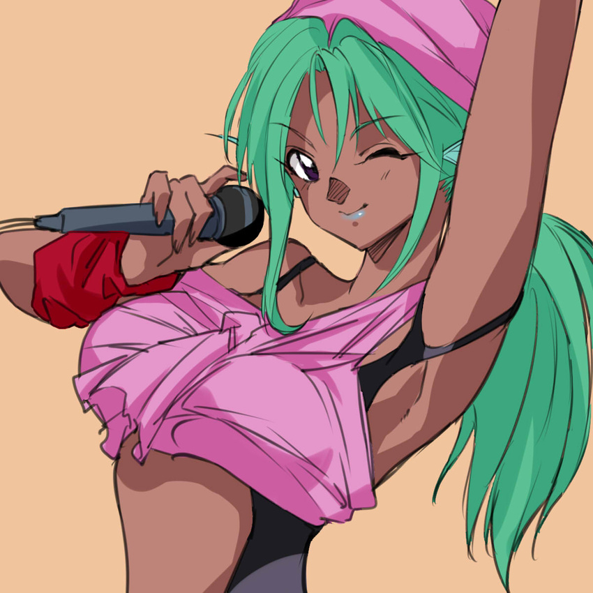 bandana breasts dark_skin demon_girl female female green_hair juri_(yuu_yuu_hakusho) large_breasts long_hair looking_at_viewer monster_girl negresco simple_background smile solo wink yuu_yuu_hakusho