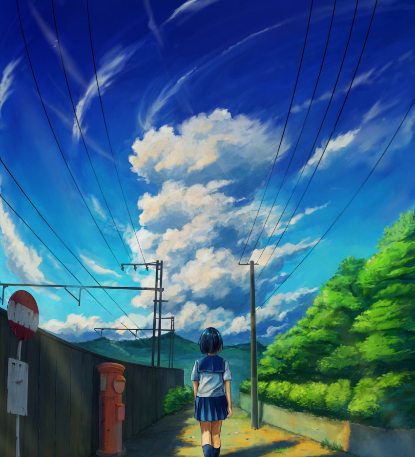 arms_at_sides bad_id bad_pixiv_id black_hair blue_sky blue_socks bus_stop cloud day facing_away feet_out_of_frame female fence highres japanese_cylindrical_postbox kneehighs kyarage_(soda) original outdoors pleated_skirt postbox_(outgoing_mail) power_lines road_sign rural scenery school_uniform serafuku short_sleeves sign skirt sky socks solo standing summer wooden_fence