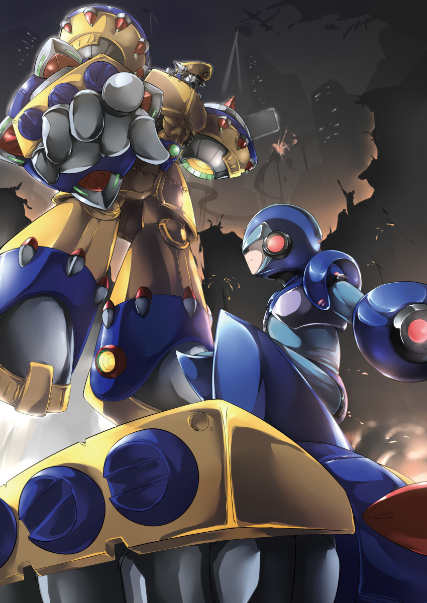 2boys absurdres android angetsu_no_koshousha arm_cannon cape commentary_request covered_eyes facial_hair general_(mega_man) helmet helmet_over_eyes hidden_eyes highres male_focus mecha mega_man_(series) mega_man_x4 mega_man_x_(series) moustache multiple_boys photoshop_(medium) robot weapon x_(mega_man)