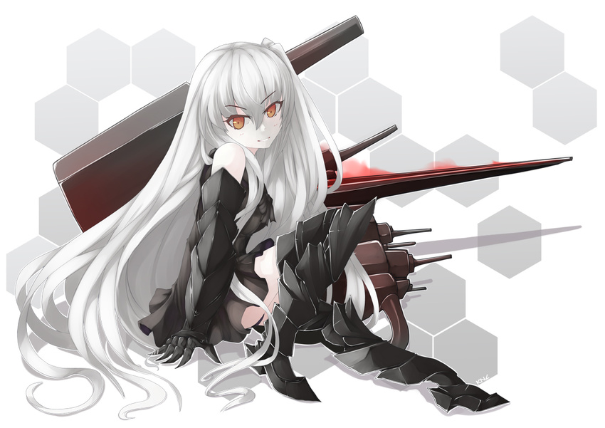 abyssal_ship aircraft_carrier_oni armor armored_boots black_dress boots commentary_request dress female full_body gauntlets kantai_collection kuronekozero long_hair looking_at_viewer one_side_up orange_eyes photoshop_(medium) sailor_dress short_dress smile solo thigh_boots thighhighs very_long_hair white_hair zettai_ryouiki