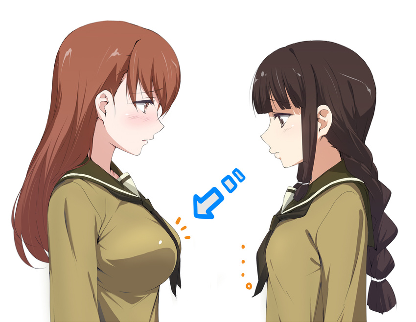 2girls blush braid breast_envy brown_eyes brown_hair commentary_request highres kantai_collection kitakami_(kancolle) long_hair multiple_girls ooi_(kancolle) school_uniform shounan_ruizu